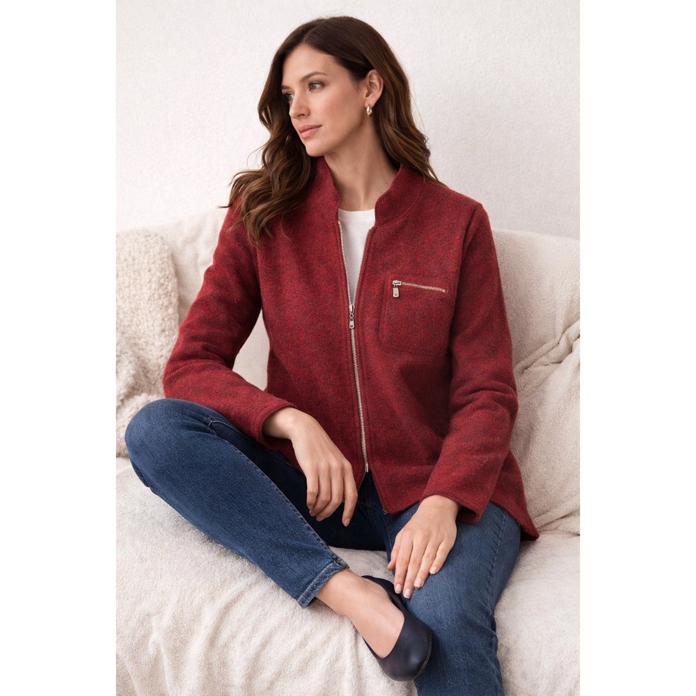 Cullen Red 100% Merino Wool Zip Up Jacket‎ Small Mock Neck Textured